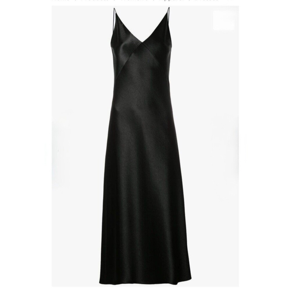 VINCE Black Satin V-Neck Midi Slip Dress Sz M Quiet Luxury Minimalist MSRP $295 - Picture 8 of 16